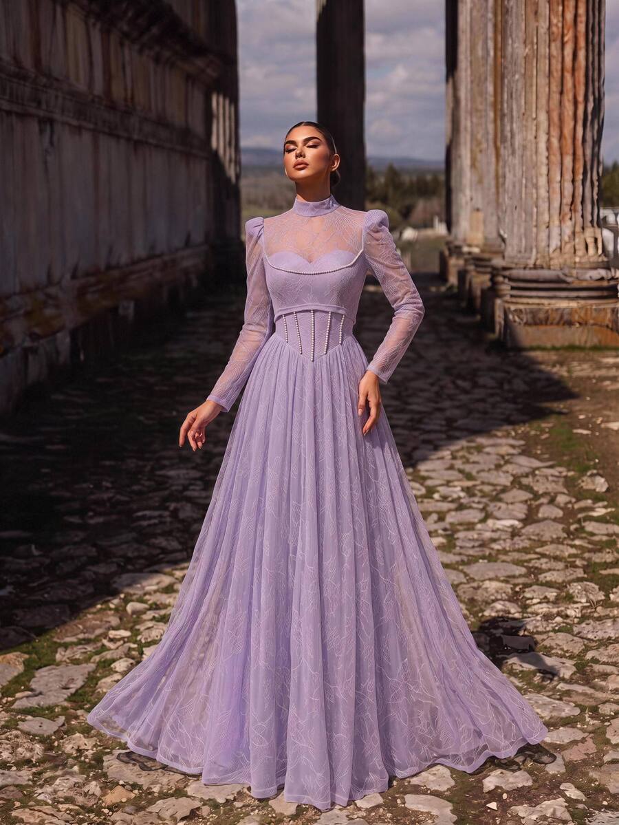 Aureia Elegant Lavender Glitter Tulle Sheer High Neck Long Sleeve Strapless Corset Rhinestone A Line Floor Length Prom Wedding Guest Formal Evening Gown
