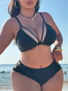 Swim SXY 大码女士纯色性感比基尼上衣，适合夏季海滩穿着 - 黑色 - 查看 5