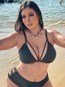 Swim SXY 大码女士纯色性感比基尼上衣，适合夏季海滩穿着 - 黑色 - 查看 6