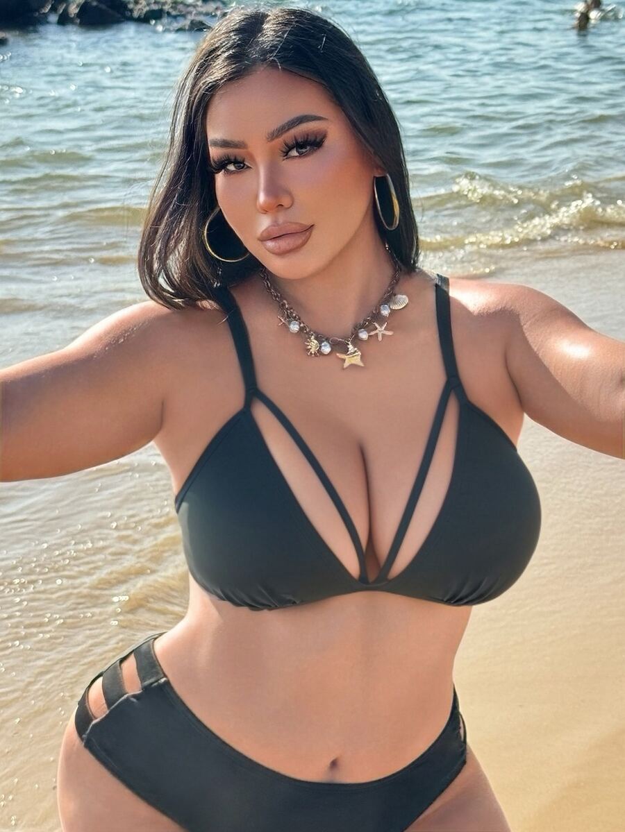 SHEIN Swim 大尺碼女款純色性感優雅熱帶風比基尼上衣,適合夏季海灘派對度假穿著,黑色 - 黑色 - 查看 1