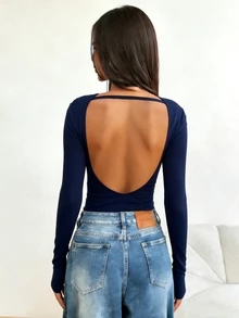 INAWLY Women's Solid Color Minimalist Backless Long Sleeve T-Shirt - Navy Blue - View 5
