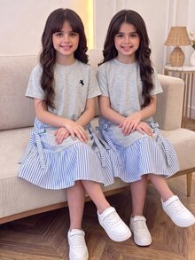 SHEIN Tween Girl Knight Print Striped Patchwork 2 In 1 Short Sleeve Dress - Light Grey - View 7