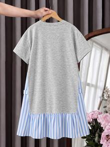 SHEIN Tween Girl Knight Print Striped Patchwork 2 In 1 Short Sleeve Dress - Light Grey - View 3