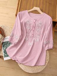 SHEIN LUNE CURVE Plus Size Women's Embroidered Blouse Fall