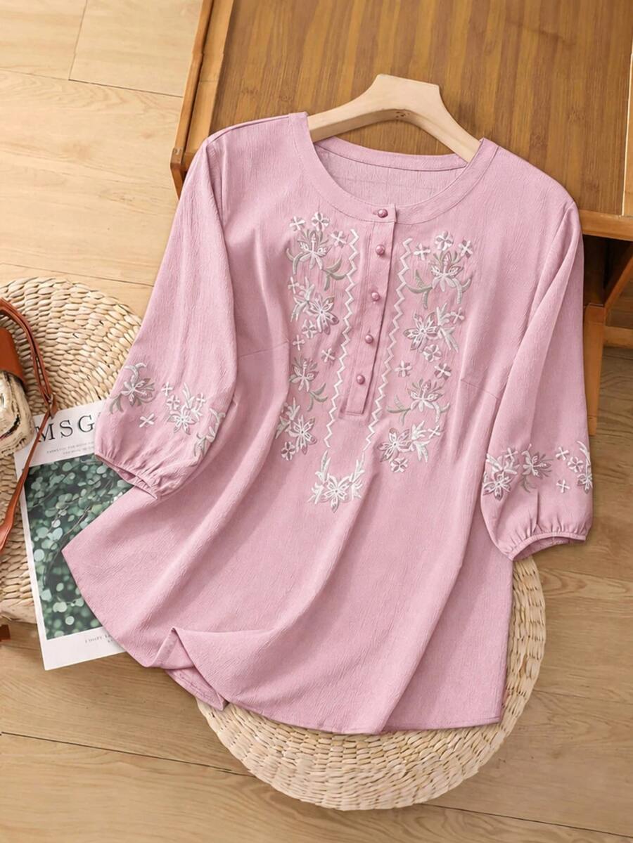 SHEIN LUNE CURVE Plus Size Women's Embroidered Blouse Fall - Pink - View 1