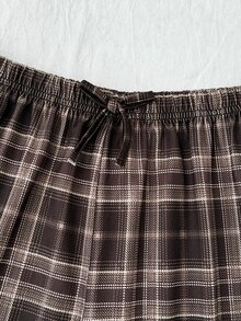 SHEIN 青少年女孩睡衣套裝，棕色浣熊印花T恤搭配格紋直筒長褲，居家休閒服，適合秋冬穿著 - 咖啡棕 - 查看 7