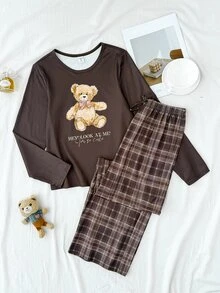 SHEIN 青少年女孩睡衣套裝，棕色浣熊印花T恤搭配格紋直筒長褲，居家休閒服，適合秋冬穿著 - 咖啡棕 - 查看 3
