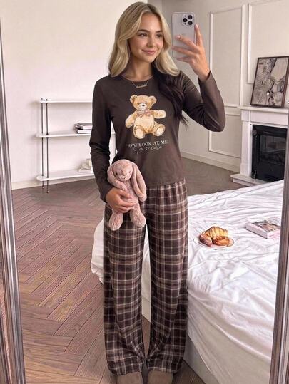 SHEIN Teen Girl Fall Pajamas Brown Raccoon Print Long Sleeve T-Shirt With Plaid Pants Cozy Loungewear Set, Halloween Pajamas, Christmas Pajamas, Cute