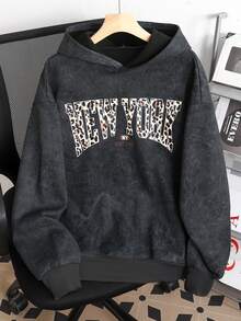 SHEIN 青少年女孩運動衫，秋冬美式復古保暖內裡長袖運動衫，大學校園風，街頭穿搭 - 黑色 - 查看 3