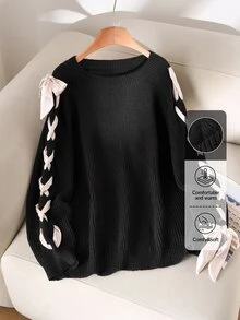 CosyJoli Plus Size Women Casual Round Neck Drawstring Sleeve Ribbon Knit Sweater, Autumn Fall/Winter - Black - View 4