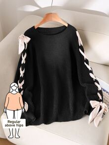 CosyJoli Plus Size Women Casual Round Neck Drawstring Sleeve Ribbon Knit Sweater, Autumn Fall/Winter - Black - View 2