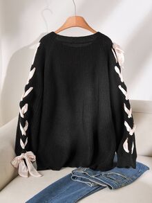 CosyJoli Plus Size Women Casual Round Neck Drawstring Sleeve Ribbon Knit Sweater, Autumn Fall/Winter - Black - View 3