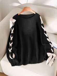 CosyJoli Plus Size Women Casual Round Neck Drawstring Sleeve Ribbon Knit Sweater, Autumn Fall/Winter - Black - View 7