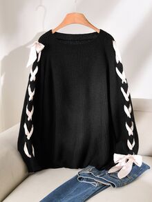 CosyJoli Plus Size Women Casual Round Neck Drawstring Sleeve Ribbon Knit Sweater, Autumn Fall/Winter - Black - View 5