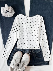 SHEIN Tween Girls Simple & Comfortable Long Sleeve Top, Autumn/Winter - White - View 6