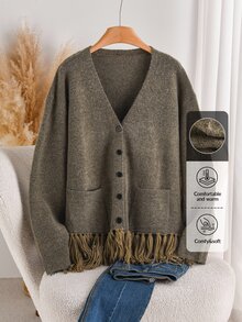CosyJoli 加大码优雅法式休闲流苏开衫，厚款高品质简约针织毛衣外套，适合女士，秋冬 - 棕色 - 查看 4