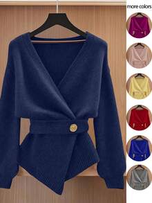 Qadelle 女款百搭金屬裝飾百褶針織開襟衫 - 藏蓝色 - 查看 3
