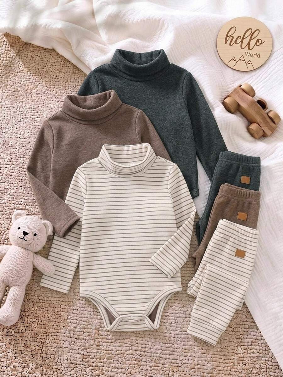 SHEIN 中性嬰兒男嬰/女嬰、幼兒 3件組秋冬保暖內裡加厚休閒可愛純色高領連身衣，嬰兒冬季連身衣，聖誕