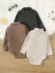 SHEIN 中性嬰兒男嬰/女嬰、幼兒 3件組秋冬保暖內裡加厚休閒可愛純色高領連身衣，嬰兒冬季連身衣，聖誕 - 摩卡棕 - 查看 3