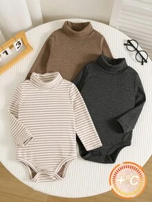 SHEIN 中性嬰兒男嬰/女嬰、幼兒 3件組秋冬保暖內裡加厚休閒可愛純色高領連身衣，嬰兒冬季連身衣，聖誕 - 摩卡棕 - 查看 4