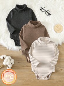 SHEIN 中性嬰兒男嬰/女嬰、幼兒 3件組秋冬保暖內裡加厚休閒可愛純色高領連身衣，嬰兒冬季連身衣，聖誕 - 摩卡棕 - 查看 8