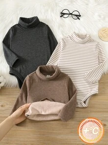 SHEIN 中性嬰兒男嬰/女嬰、幼兒 3件組秋冬保暖內裡加厚休閒可愛純色高領連身衣，嬰兒冬季連身衣，聖誕 - 摩卡棕 - 查看 5