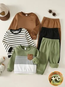 SHEIN 男女嬰兒/幼兒 3套組 秋冬保暖內裡休閒可愛拼色拼接運動衫套裝，嬰兒冬季衣物 - 軍綠色 - 查看 6