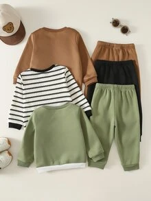 SHEIN 男女嬰兒/幼兒 3套組 秋冬保暖內裡休閒可愛拼色拼接運動衫套裝，嬰兒冬季衣物 - 軍綠色 - 查看 2