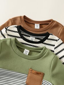 SHEIN 男女嬰兒/幼兒 3套組 秋冬保暖內裡休閒可愛拼色拼接運動衫套裝，嬰兒冬季衣物 - 軍綠色 - 查看 3