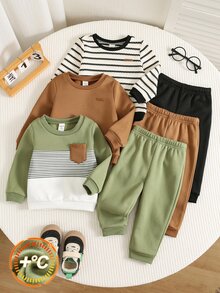 SHEIN 男女嬰兒/幼兒 3套組 秋冬保暖內裡休閒可愛拼色拼接運動衫套裝，嬰兒冬季衣物 - 軍綠色 - 查看 4