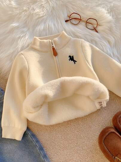 SHEIN Sweater Kardigan Setengah Kancing Kerah Tegak Tebal Berlapisan Termal untuk Bayi Laki-laki/Perempuan, Balita, Musim Gugur/Dingin, Termal, Tebal