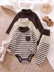 SHEIN 3PCS Baby Boys Autumn Striped Bodysuit - Brown - View 1