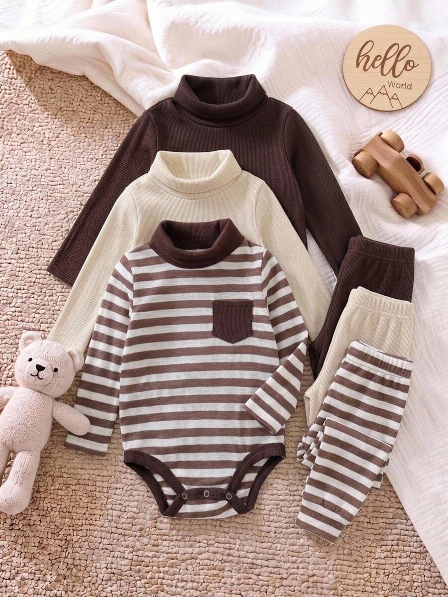 SHEIN 3PCS Baby Boys Autumn Striped Bodysuit - Brown - View 1