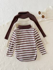 SHEIN 3PCS Baby Boys Autumn Striped Bodysuit - Brown - View 2