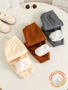 中性嬰兒男孩/女孩幼兒 3件組秋冬抓絨內裡加厚休閒可愛運動褲套裝，多件裝，嬰兒下身衣物 - 深灰色 - 查看 3