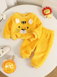 SHEIN 男女嬰兒/幼兒 2件組秋冬保暖內裡加厚休閒可愛毛絨虎紋運動衫套裝，嬰兒運動服，嬰兒冬季衣物，萬聖節 - 藍色 - 查看 3