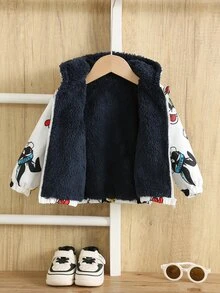 SHEIN 男女嬰兒/幼兒秋冬保暖內裡加厚可愛動物圖案連帽夾克外套，嬰兒冬季保暖加厚外套 - 白色 - 查看 9