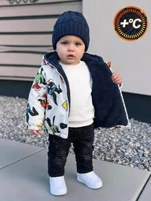 SHEIN 男女嬰兒/幼兒秋冬保暖內裡加厚可愛動物圖案連帽夾克外套，嬰兒冬季保暖加厚外套 - 白色 - 查看 1