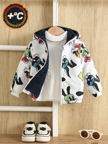 SHEIN 男女嬰兒/幼兒秋冬保暖內裡加厚可愛動物圖案連帽夾克外套，嬰兒冬季保暖加厚外套 - 白色 - 查看 3