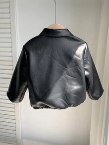 SHEIN 男女嬰兒/幼兒秋冬保暖內裡加厚翻領皮革夾克外套，保暖加厚外套 - 黑色 - 查看 3