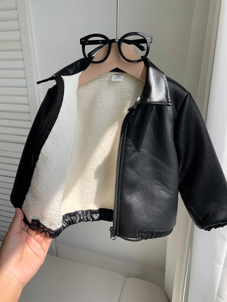 SHEIN 男女嬰兒/幼兒秋冬保暖內裡加厚翻領皮革夾克外套，保暖加厚外套
