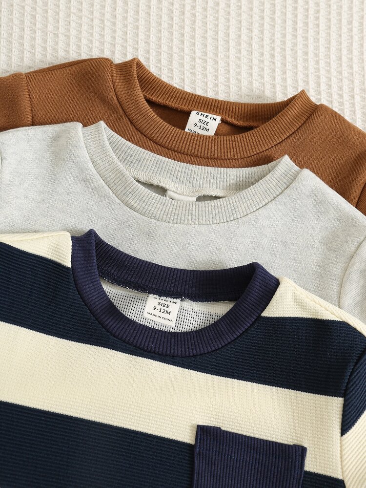SHEIN Unisex Baby Boy/Girl, Toddler 3pcs Autumn/Winter Fleece Lined Thickened Solid Color And Striped Sweatshirts Multi-Pack, Baby Sweatshirts/Tops, Baby Winter Clothes - Navy Blue - View 4