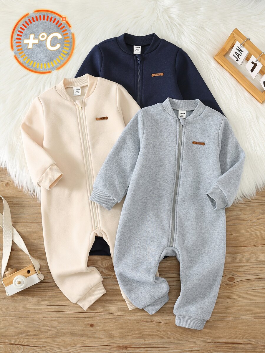 SHEIN 男女嬰兒/幼兒 3件組秋冬保暖內裡加厚圓領長袖連身衣套裝,嬰兒冬季衣著/連身衣 - 彩色 - 查看 1