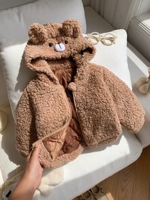 SHEIN 男女嬰兒/幼兒秋冬保暖內裡加厚可愛熊咪填充外套，嬰兒填充外套，冬季外套，保暖，加厚 - 駝色 - 查看 9
