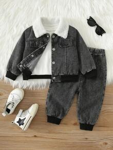 SHEIN 中性嬰兒男/女童 幼兒秋冬保暖內裡加厚黑色丹寧夾克套裝 嬰兒冬季衣著 刷毛加厚街頭風 - 黑色 - 查看 7