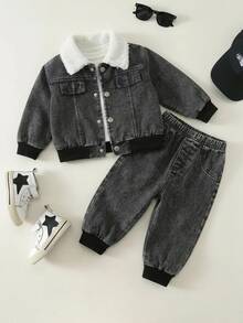 SHEIN 中性嬰兒男/女童 幼兒秋冬保暖內裡加厚黑色丹寧夾克套裝 嬰兒冬季衣著 刷毛加厚街頭風 - 黑色 - 查看 6