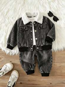 SHEIN 中性嬰兒男/女童 幼兒秋冬保暖內裡加厚黑色丹寧夾克套裝 嬰兒冬季衣著 刷毛加厚街頭風 - 黑色 - 查看 3