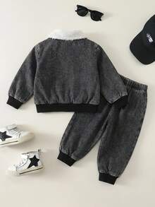 SHEIN 中性嬰兒男/女童 幼兒秋冬保暖內裡加厚黑色丹寧夾克套裝 嬰兒冬季衣著 刷毛加厚街頭風 - 黑色 - 查看 2
