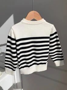 SHEIN 中性嬰兒男/女童、幼兒秋冬加厚休閒可愛黑白條紋圓領針織毛衣、嬰兒毛衣、抓絨、加厚 - 黑與白 - 查看 2