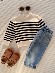 SHEIN 中性嬰兒男/女童、幼兒秋冬加厚休閒可愛黑白條紋圓領針織毛衣、嬰兒毛衣、抓絨、加厚 - 黑與白 - 查看 4